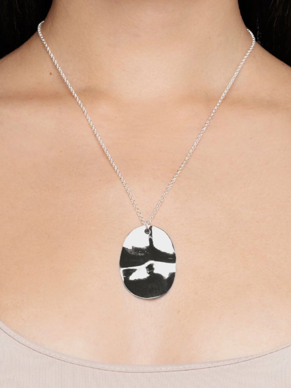 Silver Flat Oval Pendant Necklace NWOT